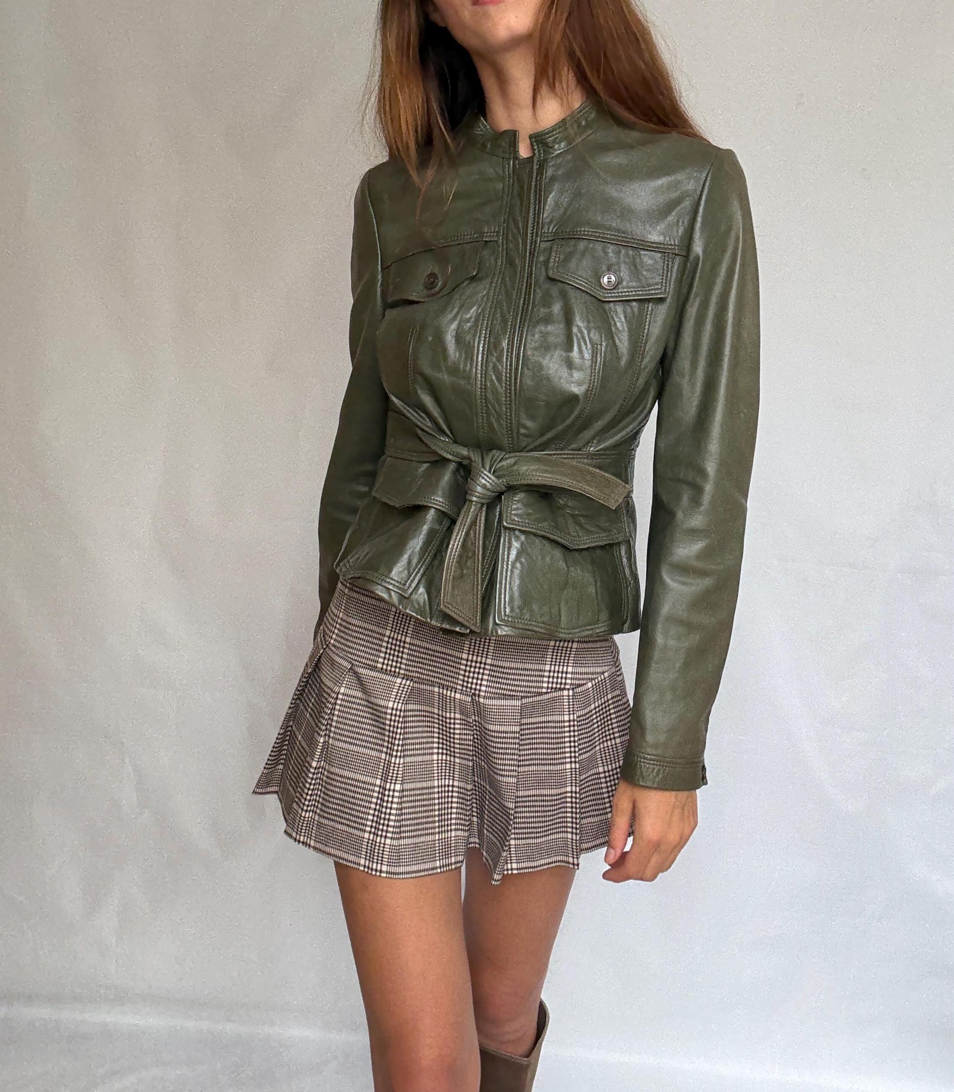 Vintage Hugo Boss Olive Green Leather Jacket | Belted Moto Blazer | 100% Lambskin | Soft Grunge Utility Chic | Size M