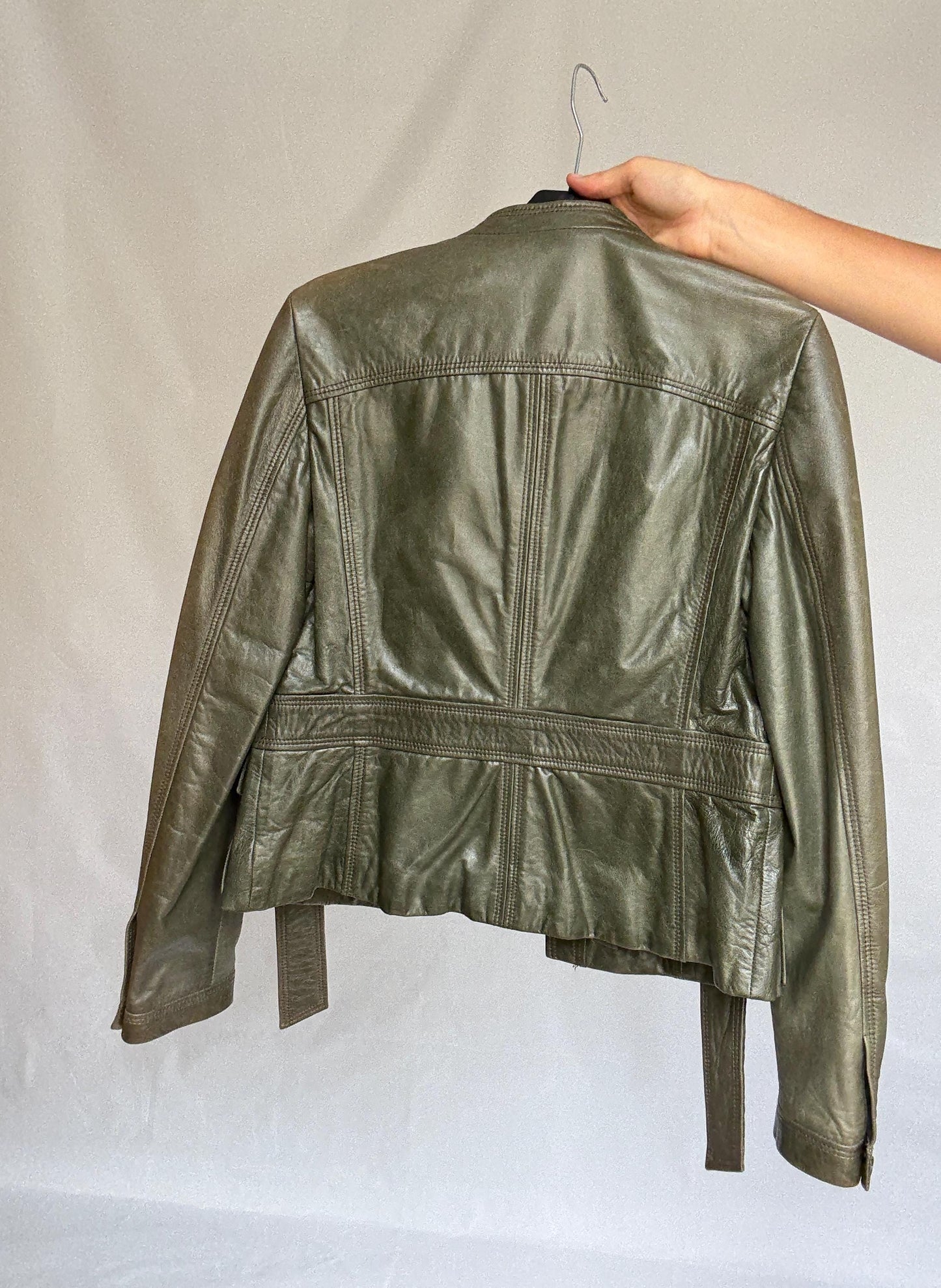 Vintage Hugo Boss Olive Green Leather Jacket | Belted Moto Blazer | 100% Lambskin | Soft Grunge Utility Chic | Size M