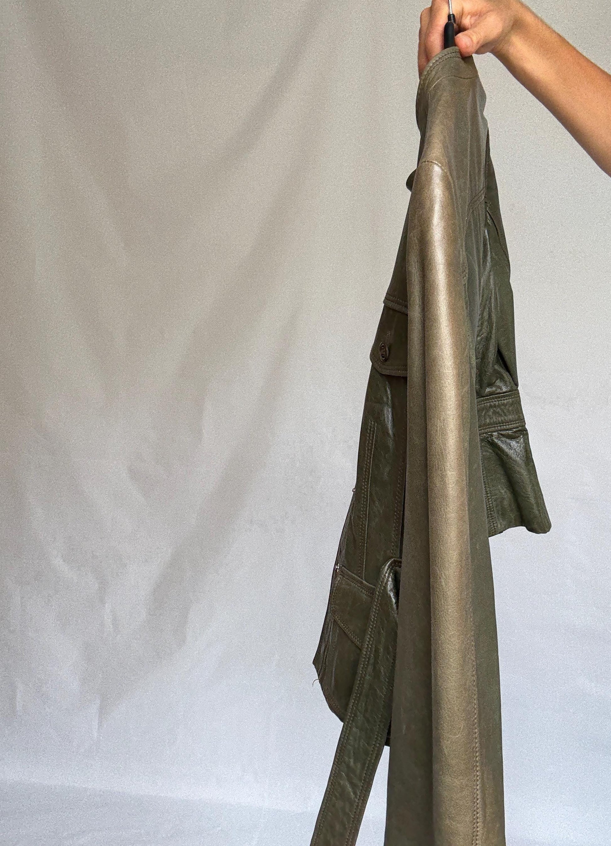 Vintage Hugo Boss Olive Green Leather Jacket | Belted Moto Blazer | 100% Lambskin | Soft Grunge Utility Chic | Size M