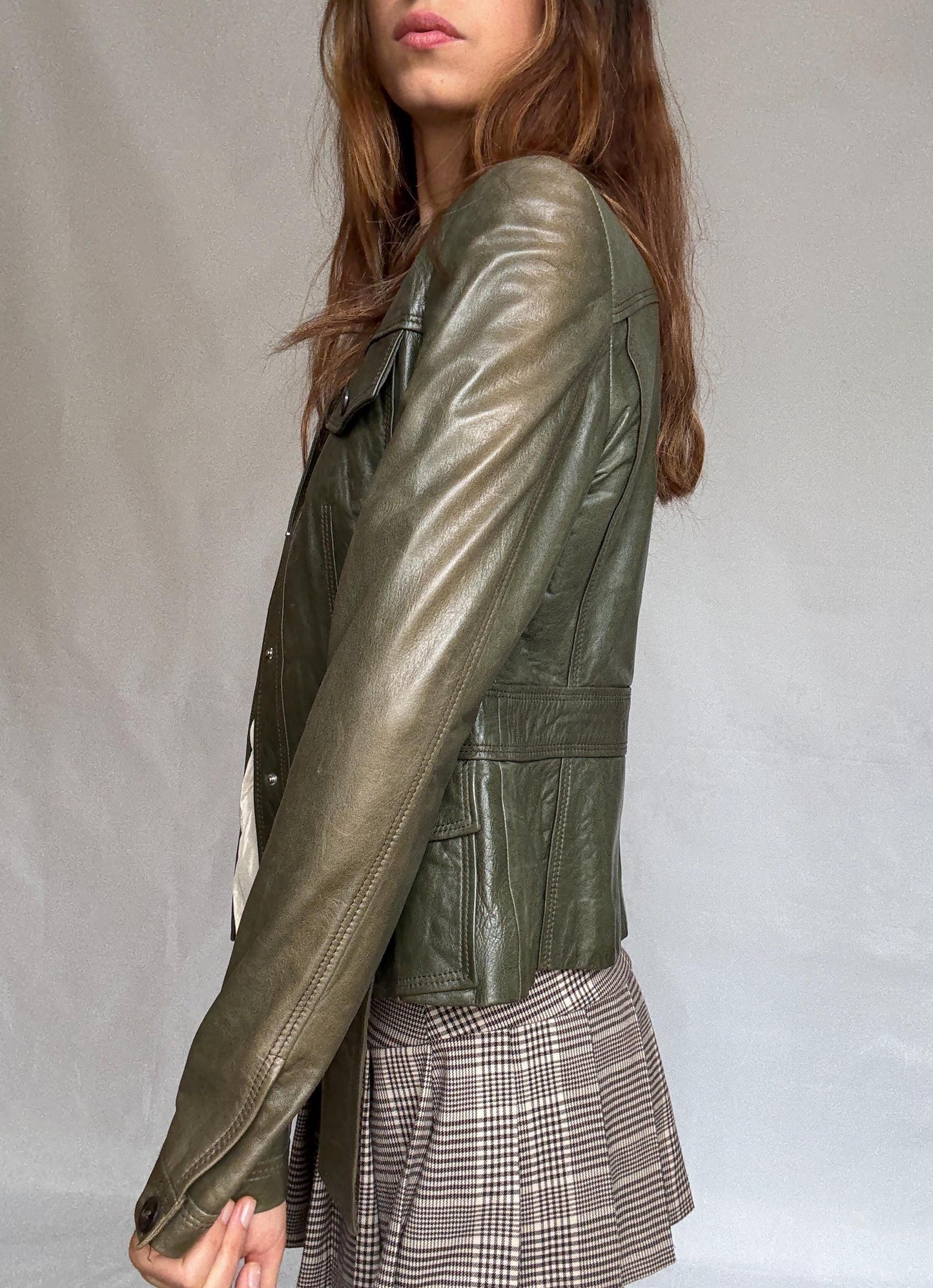 Vintage Hugo Boss Olive Green Leather Jacket | Belted Moto Blazer | 100% Lambskin | Soft Grunge Utility Chic | Size M