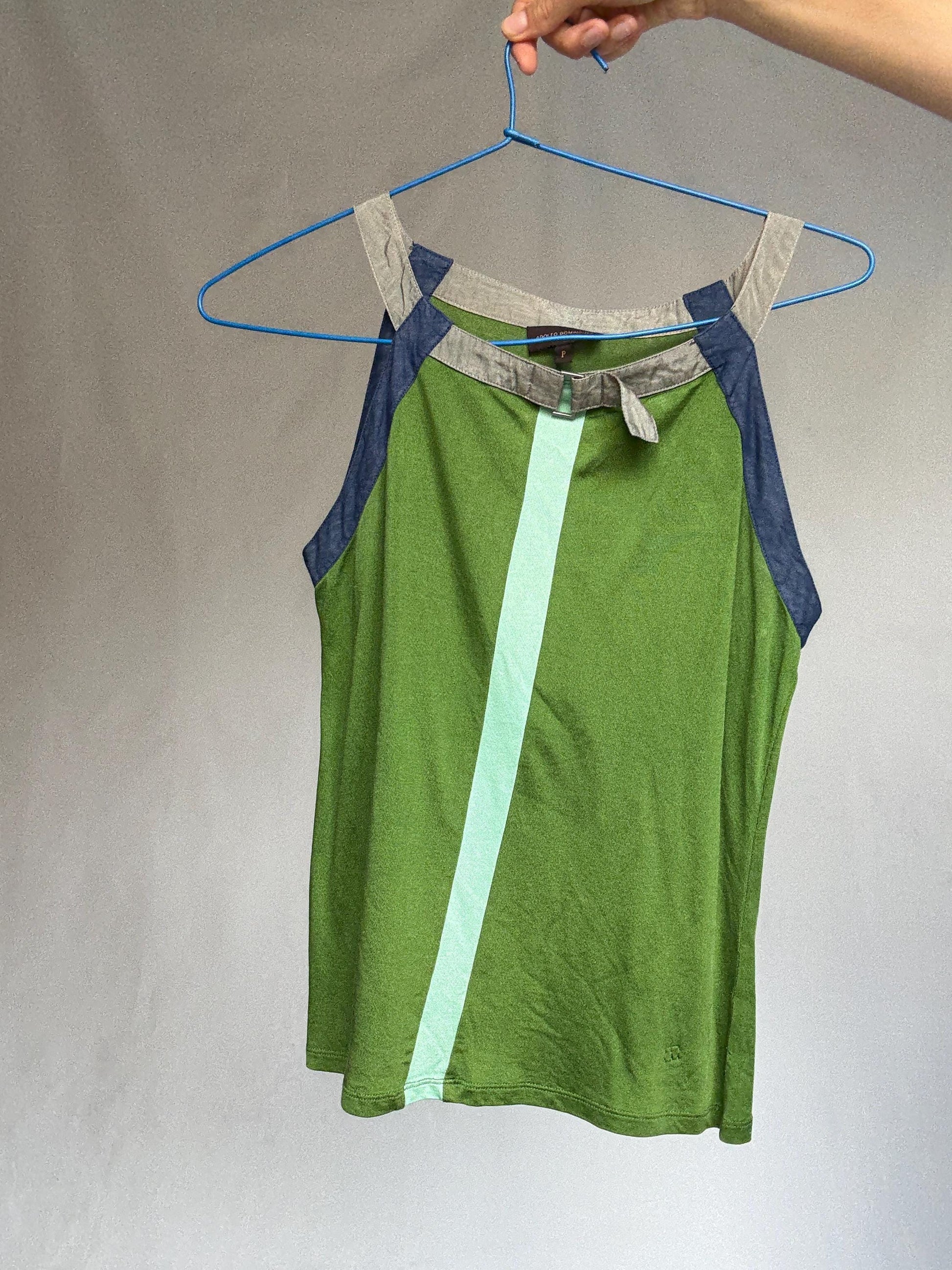 Y2K Adolfo Dominguez Green Racer Cami | Sporty Minimalist Striped Tank | Indie Sleek Fit | Size S