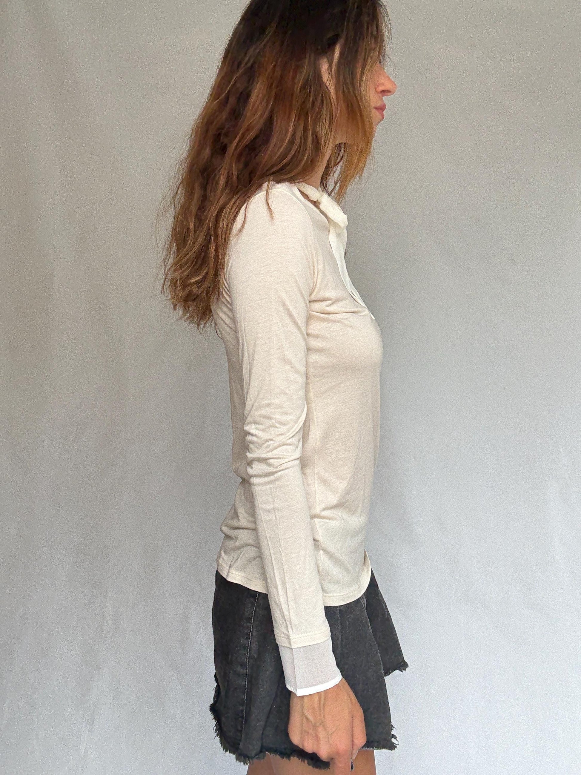 Soft Girl Dream Tie-Neck Tee | Sisley Modal Cotton Long Sleeve | Coquette Balletcore Layer | Size S