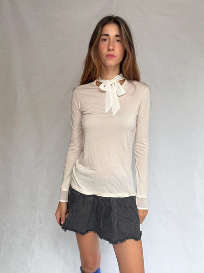 Tie-Neck Modal Cotton Long Sleeve Tee — detail