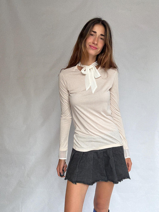 Soft Girl Dream Tie-Neck Tee | Sisley Modal Cotton Long Sleeve | Coquette Balletcore Layer | Size S