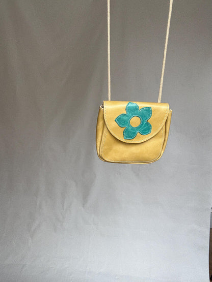 Y2K Yellow Leather Mini Purse with Blue Flower — back view