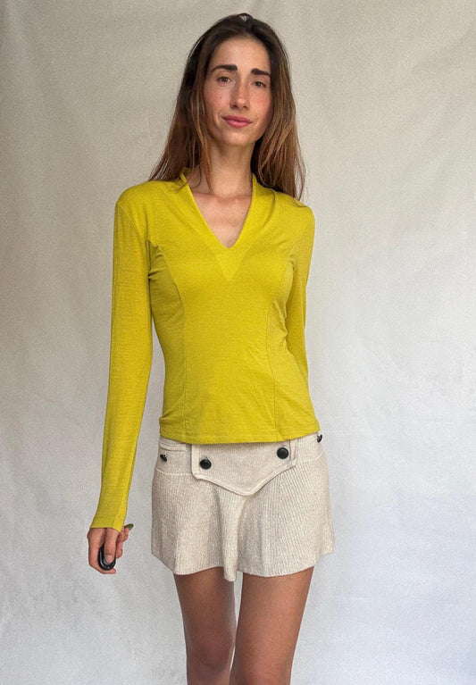Angelo Marani top size 44 – stretch wool blend long sleeve V-neck fitted blouse in acid green minimalist Italian vintage style