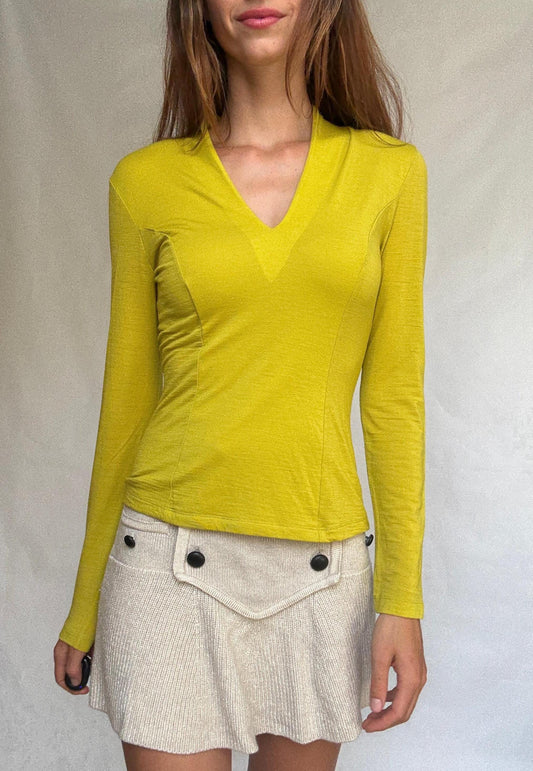 Angelo Marani top size 44 – stretch wool blend long sleeve V-neck fitted blouse in acid green minimalist Italian vintage style