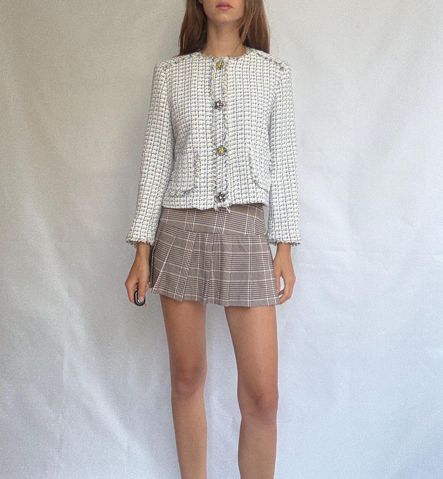 Elegant tweed-style cropped jacket with floral crystal buttons, cream check pattern, lined, 2 front pockets, classic fit