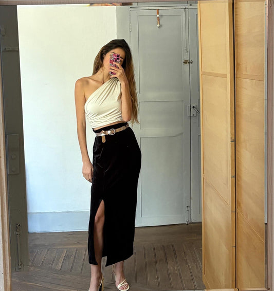 Vintage black velvet maxi skirt with side split, Formal elegant sensual long woman skirt, M