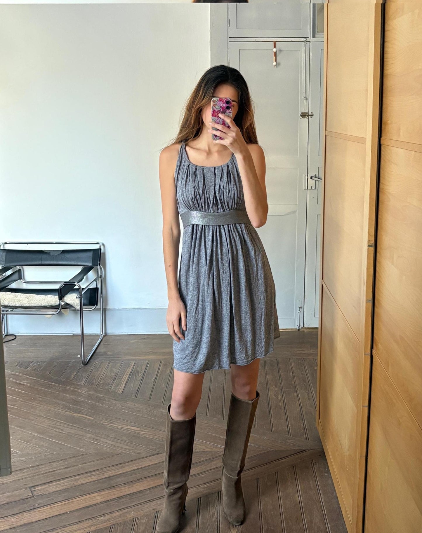 Vintage Maje Paris elegant grey midi dress, Silk and wool blend formal French designer dress, US 4–6