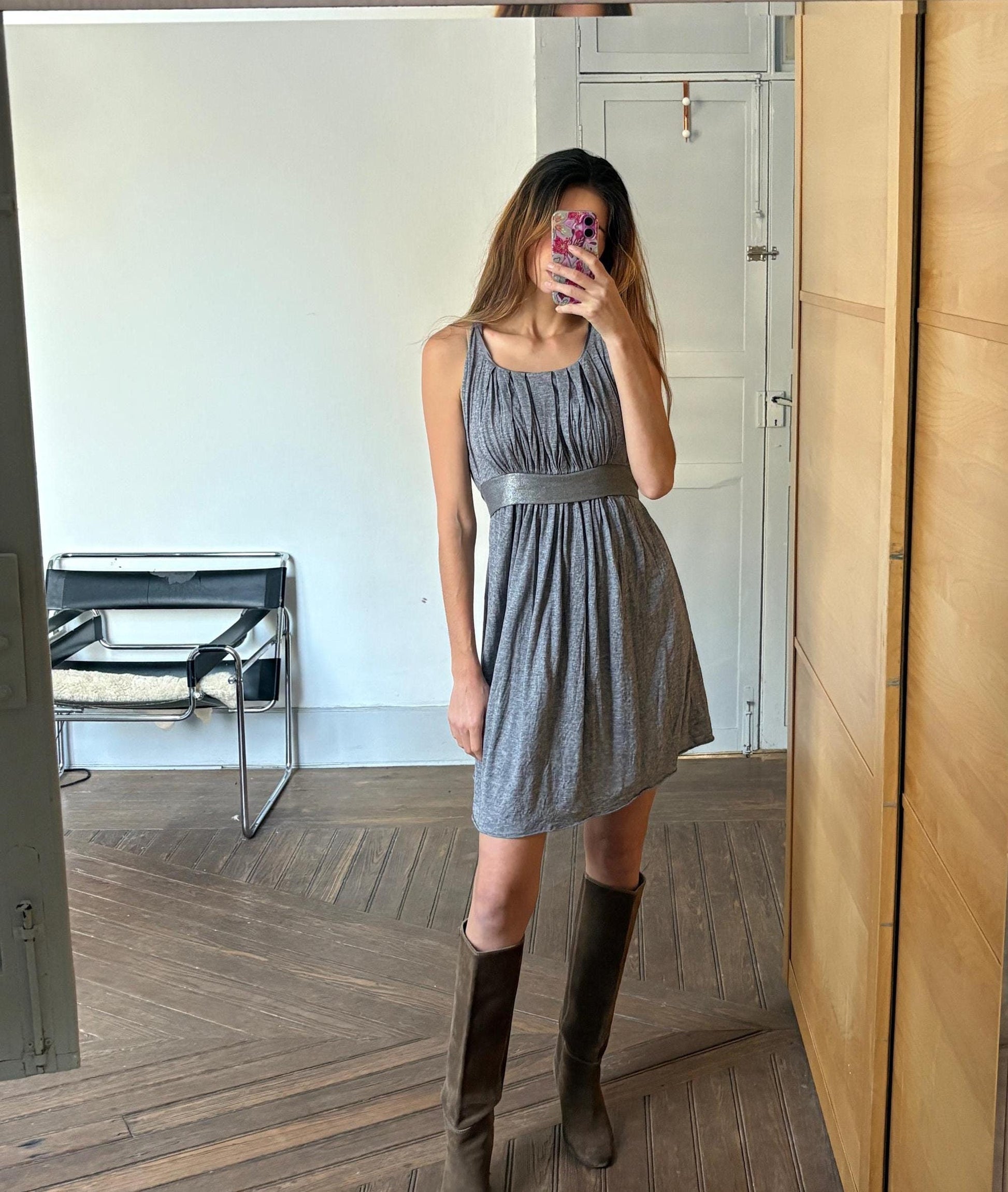 Vintage Maje Paris elegant grey midi dress, Silk and wool blend formal French designer dress, US 4–6