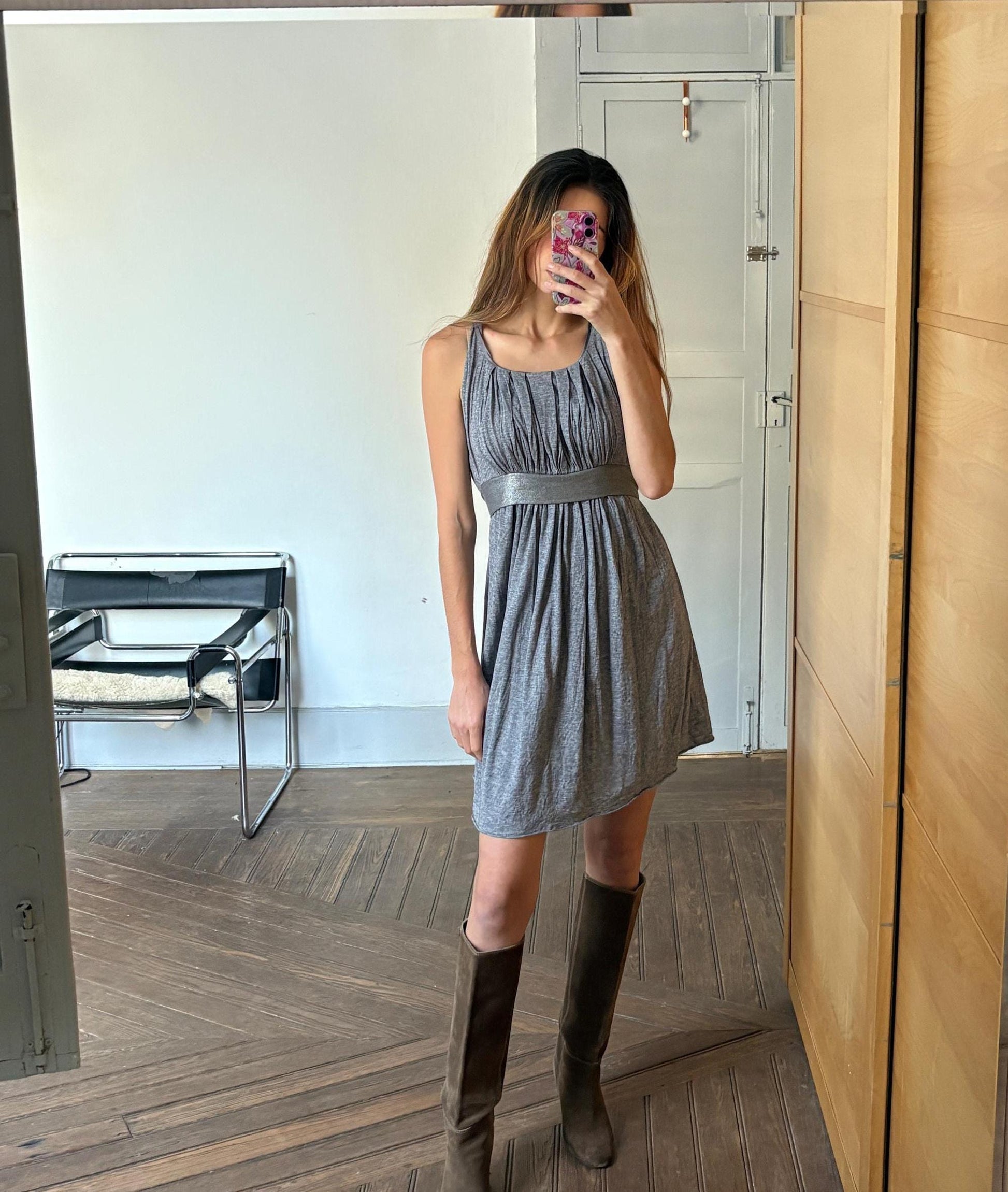 Vintage Maje Paris elegant grey midi dress, Silk and wool blend formal French designer dress, US 4–6