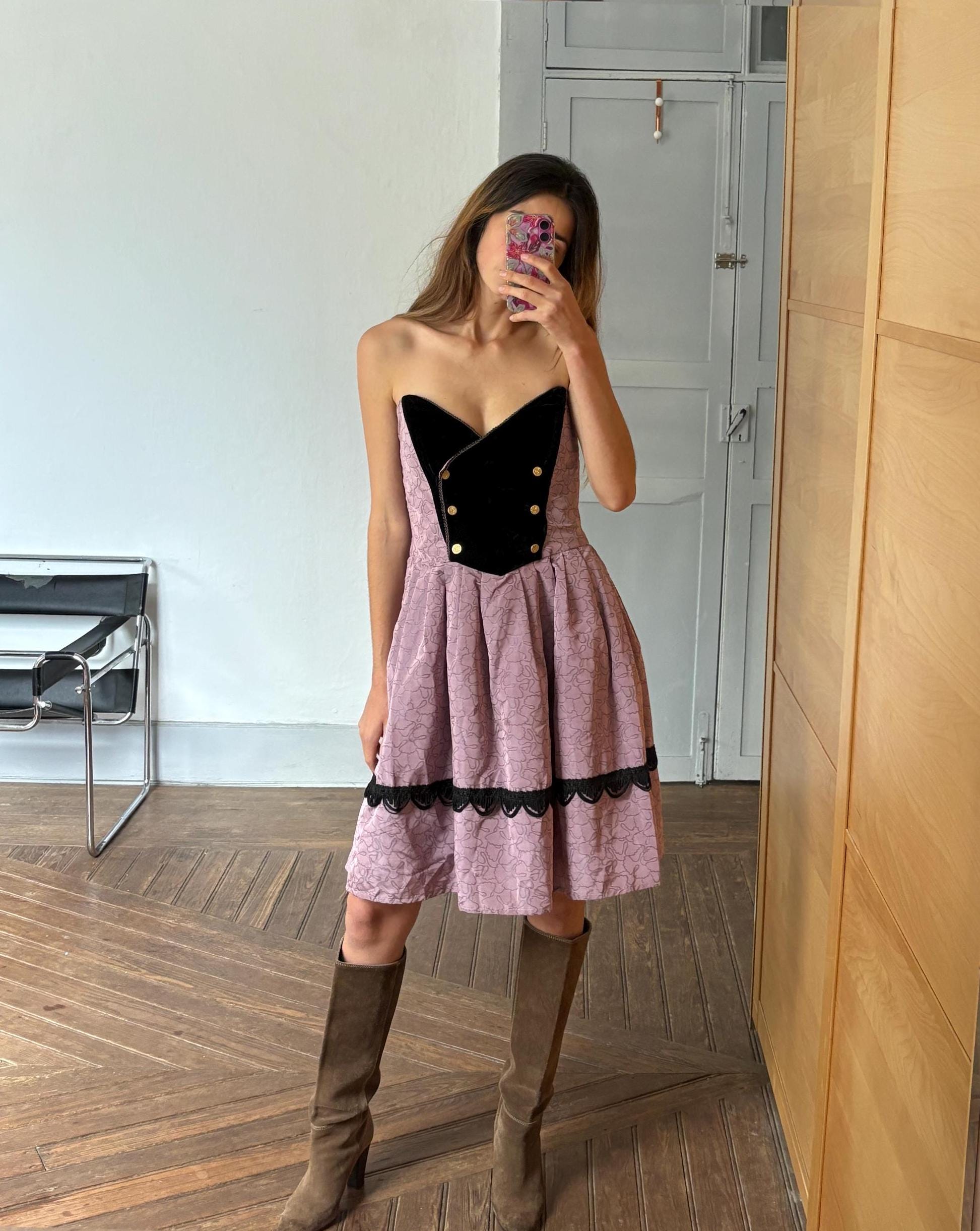 Vintage Spanish designer unique Paco Guzman Strapless Velvet & Satin Dress – Gothic Rococo Inspired outfit, Purple and black velvet costume