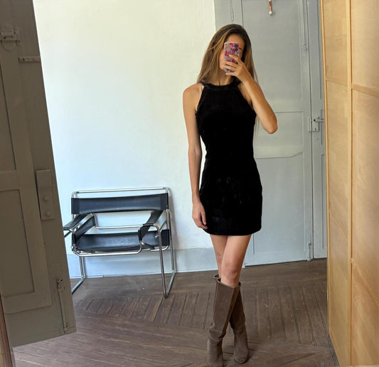 Vintage black velvet dress made in England, Elegant velour festive sequin embroidered dress, Basic hourglass dress,