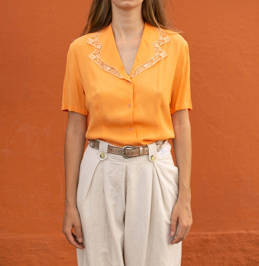 Vintage tangerine orange woman blouse, 70s blouse, Secretary blouse, Summer shirt, Elegant Blouse with Lace Collar, Summer Chic, US 12–14