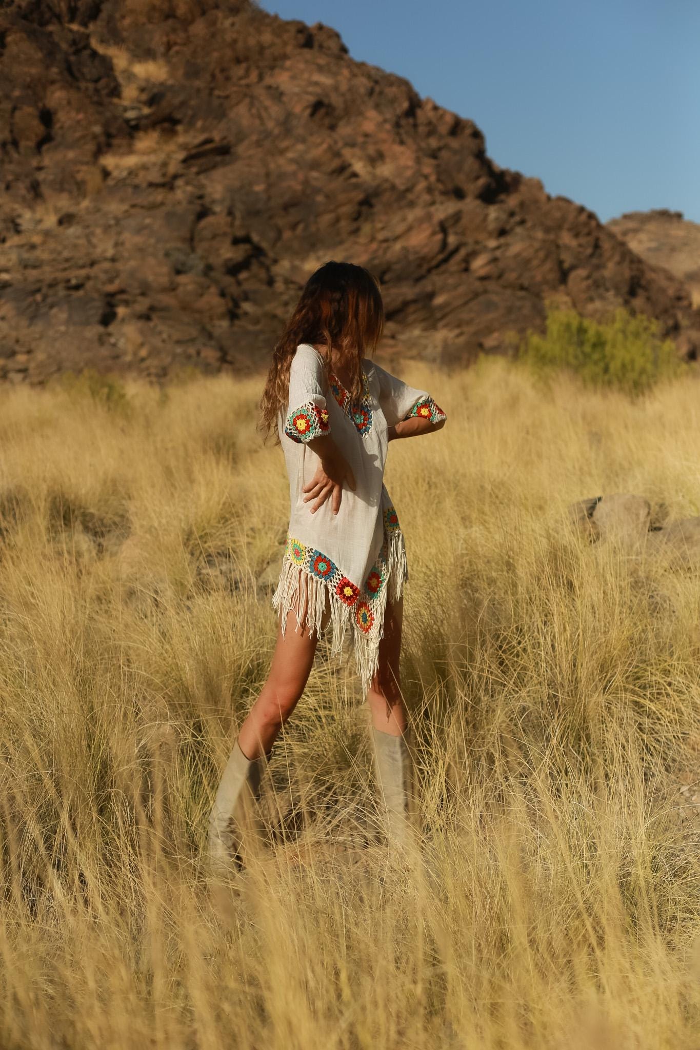 Sheer Boho Fringe Dress with Crochet Granny Square Detail – Festival Tunic Style, Size USA 6–8