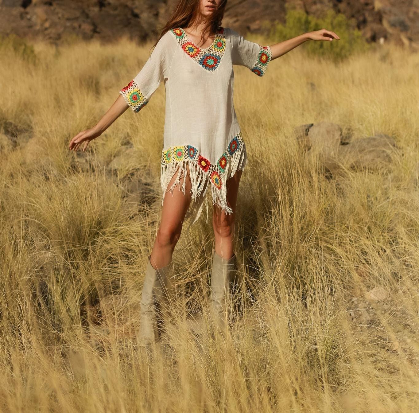 Sheer Boho Fringe Dress with Crochet Granny Square Detail – Festival Tunic Style, Size USA 6–8