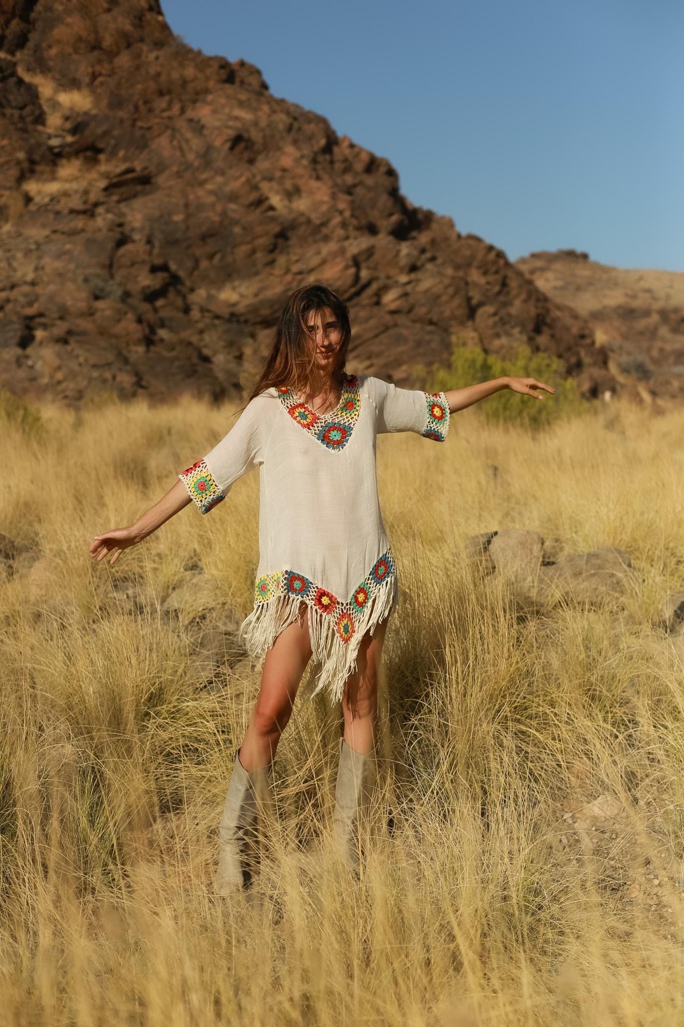 Sheer Boho Fringe Dress with Crochet Granny Square Detail – Festival Tunic Style, Size USA 6–8