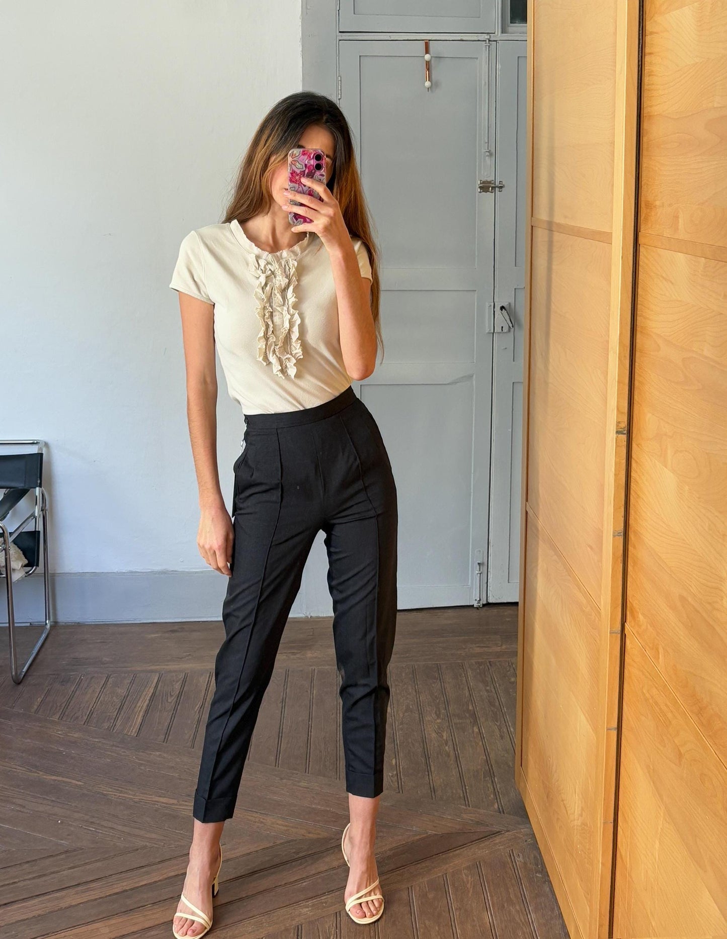 Vintage cotton ruffle top, Luxury formal t-shirt, Eggshell off white elegant top