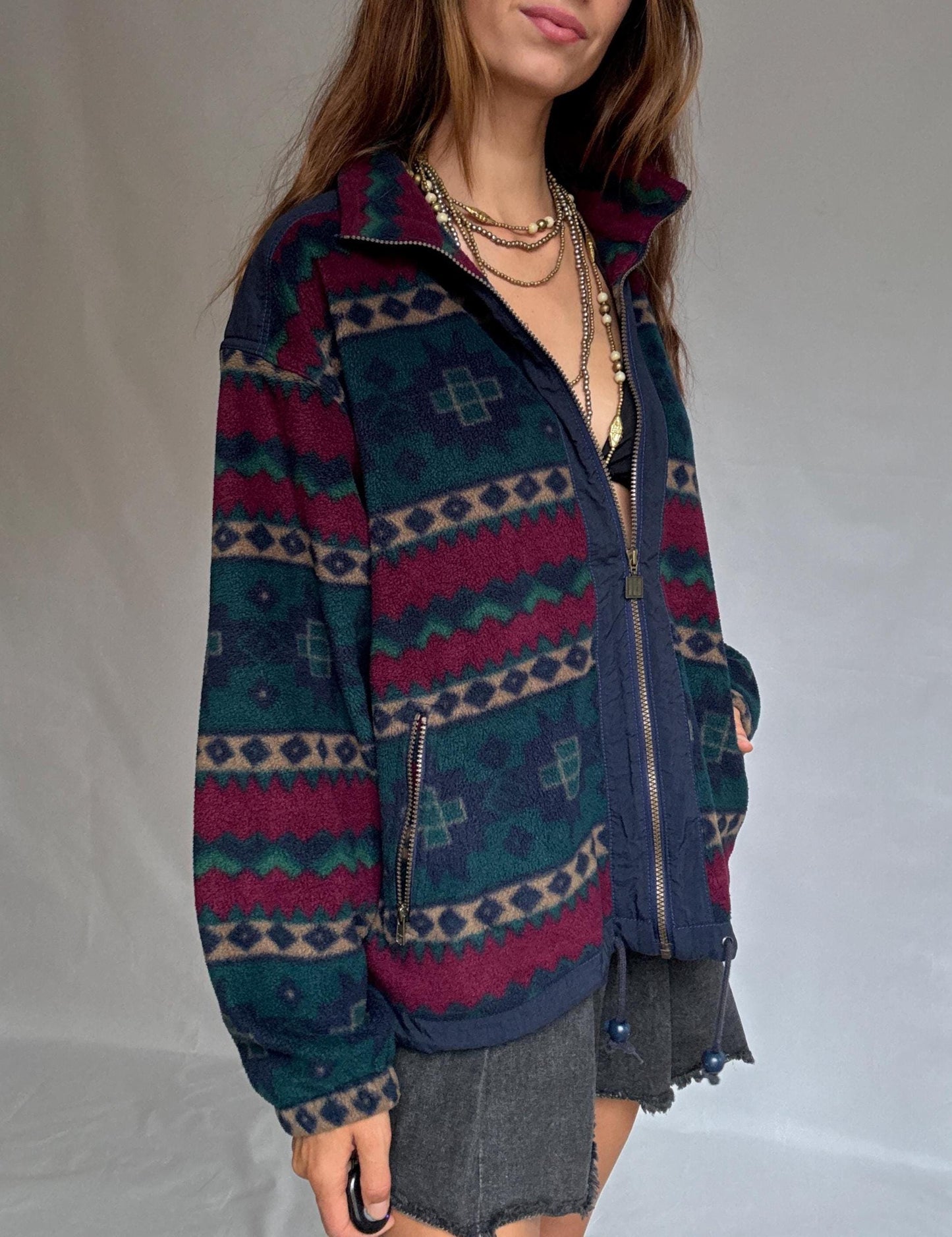 Retro Randy Fleece Jacket | Vintage Aztec Pattern Zip-Up | Cozy Unisex Ski Lodge Style, Size L