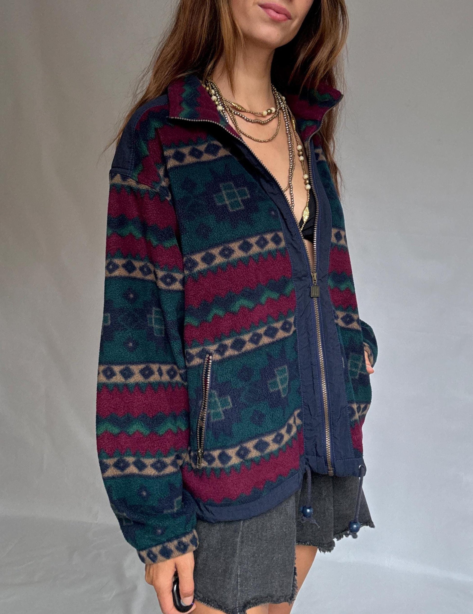 Retro Randy Fleece Jacket | Vintage Aztec Pattern Zip-Up | Cozy Unisex Ski Lodge Style, Size L