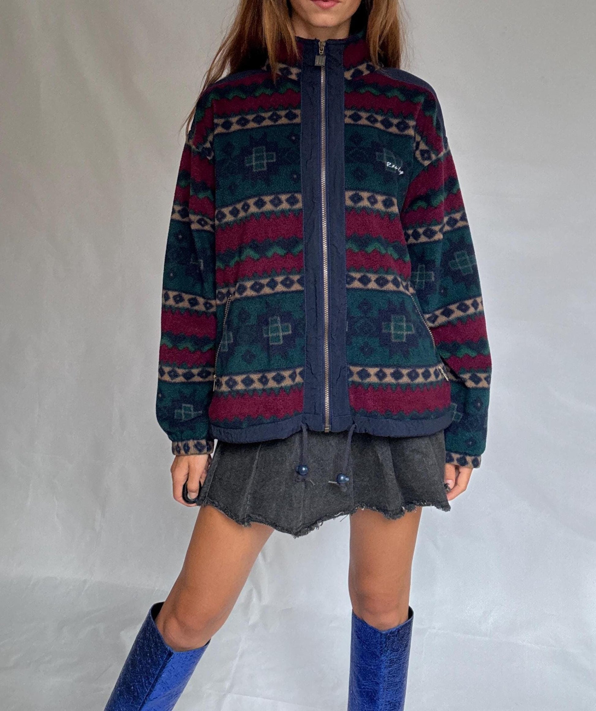 Retro Randy Fleece Jacket | Vintage Aztec Pattern Zip-Up | Cozy Unisex Ski Lodge Style, Size L