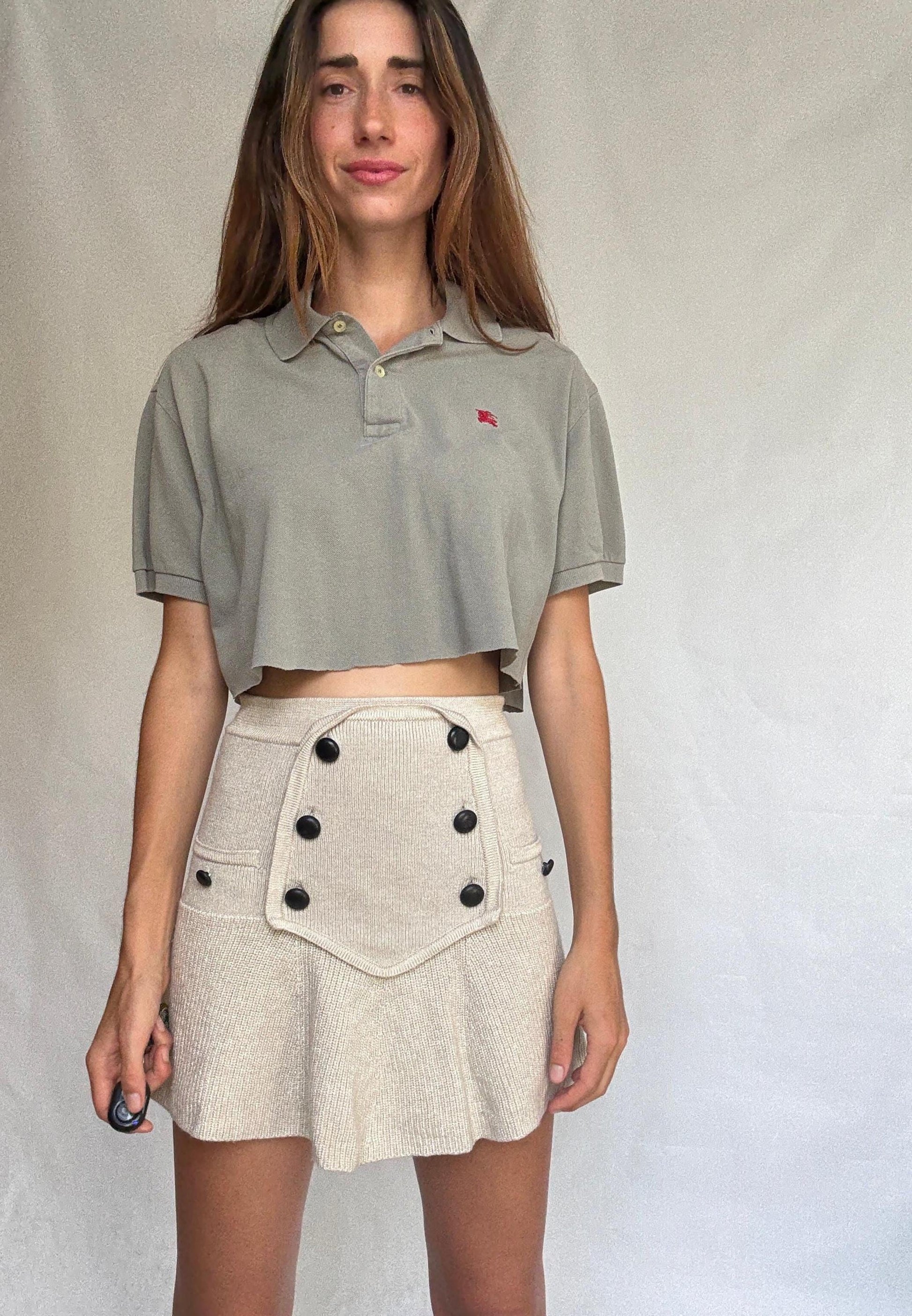 Vintage Burberry cropped polo shirt – olive green short sleeve logo top with collar and button placket – Burberry London size 5