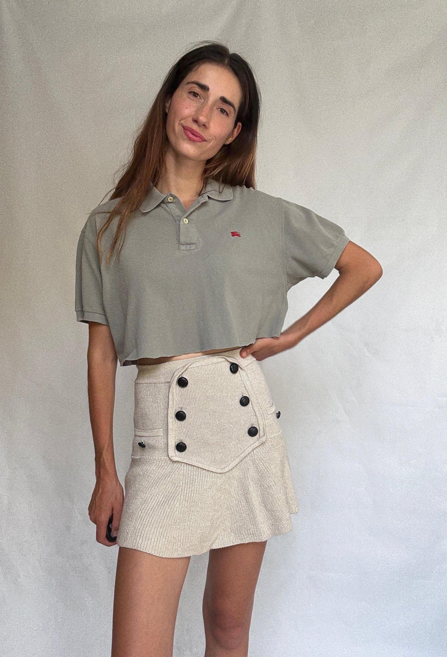 Vintage Burberry cropped polo shirt – olive green short sleeve logo top with collar and button placket – Burberry London size 5