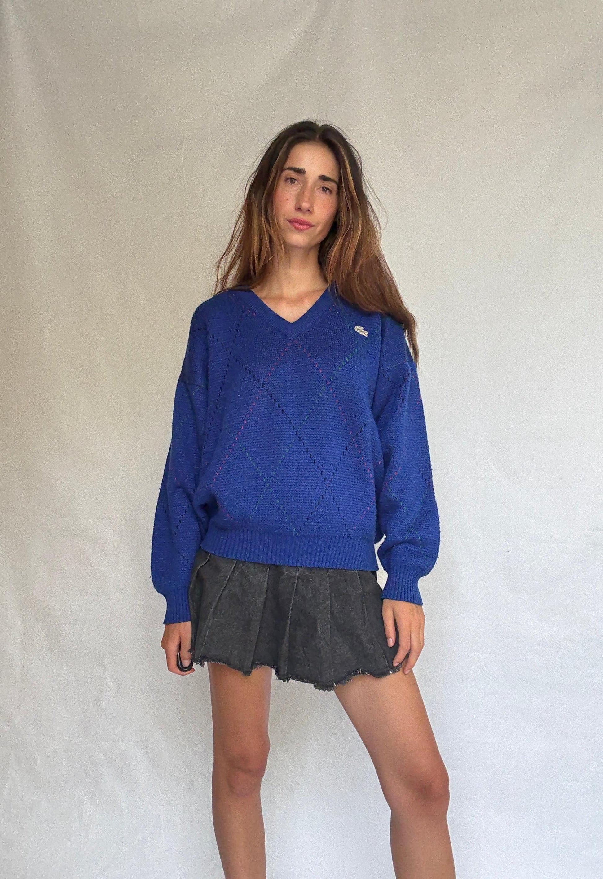 Vintage Lacoste navy V-neck sweater – wool blend pullover with logo – size 6 made in Spain