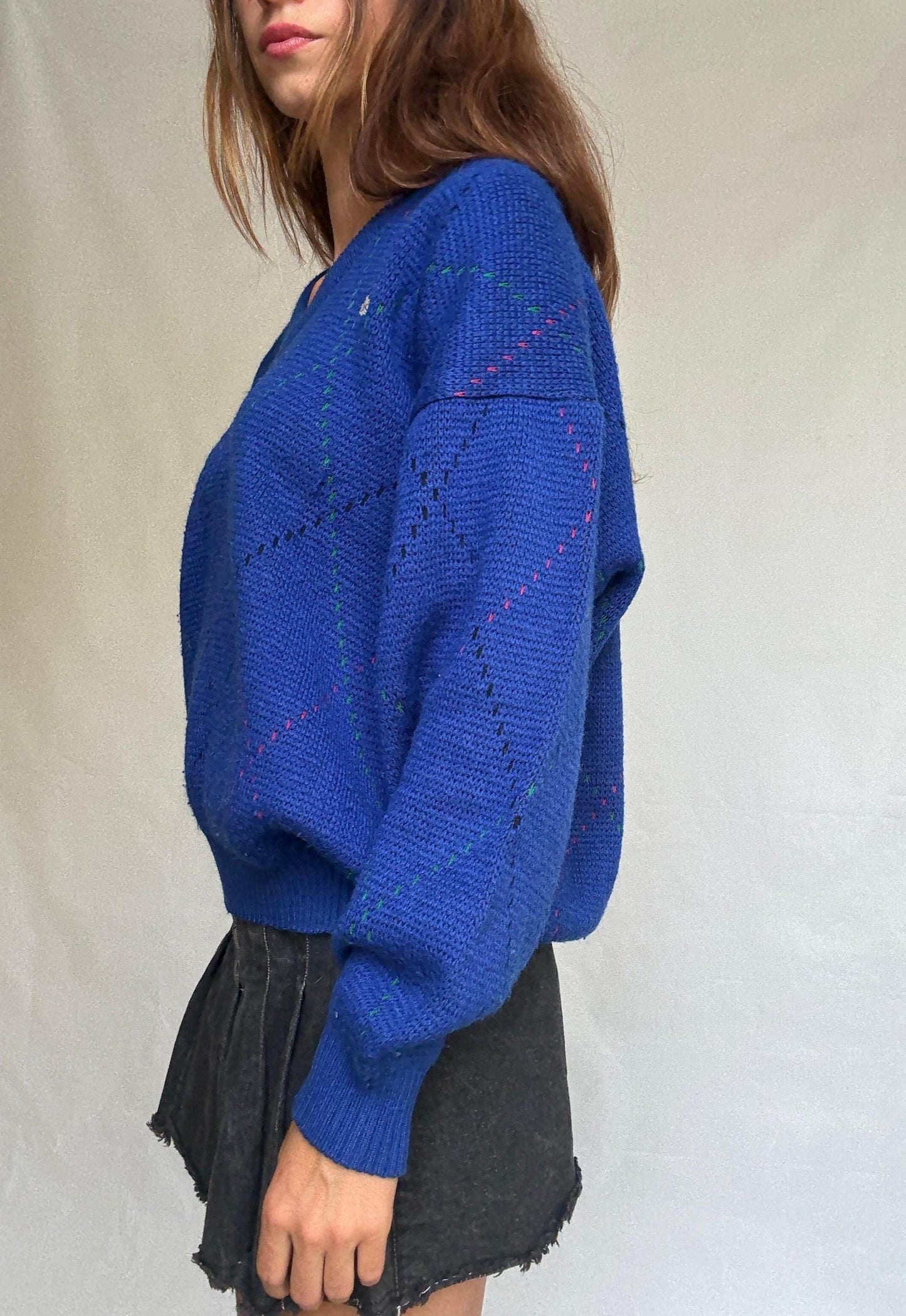 Vintage Lacoste navy V-neck sweater – wool blend pullover with logo – size 6 made in Spain