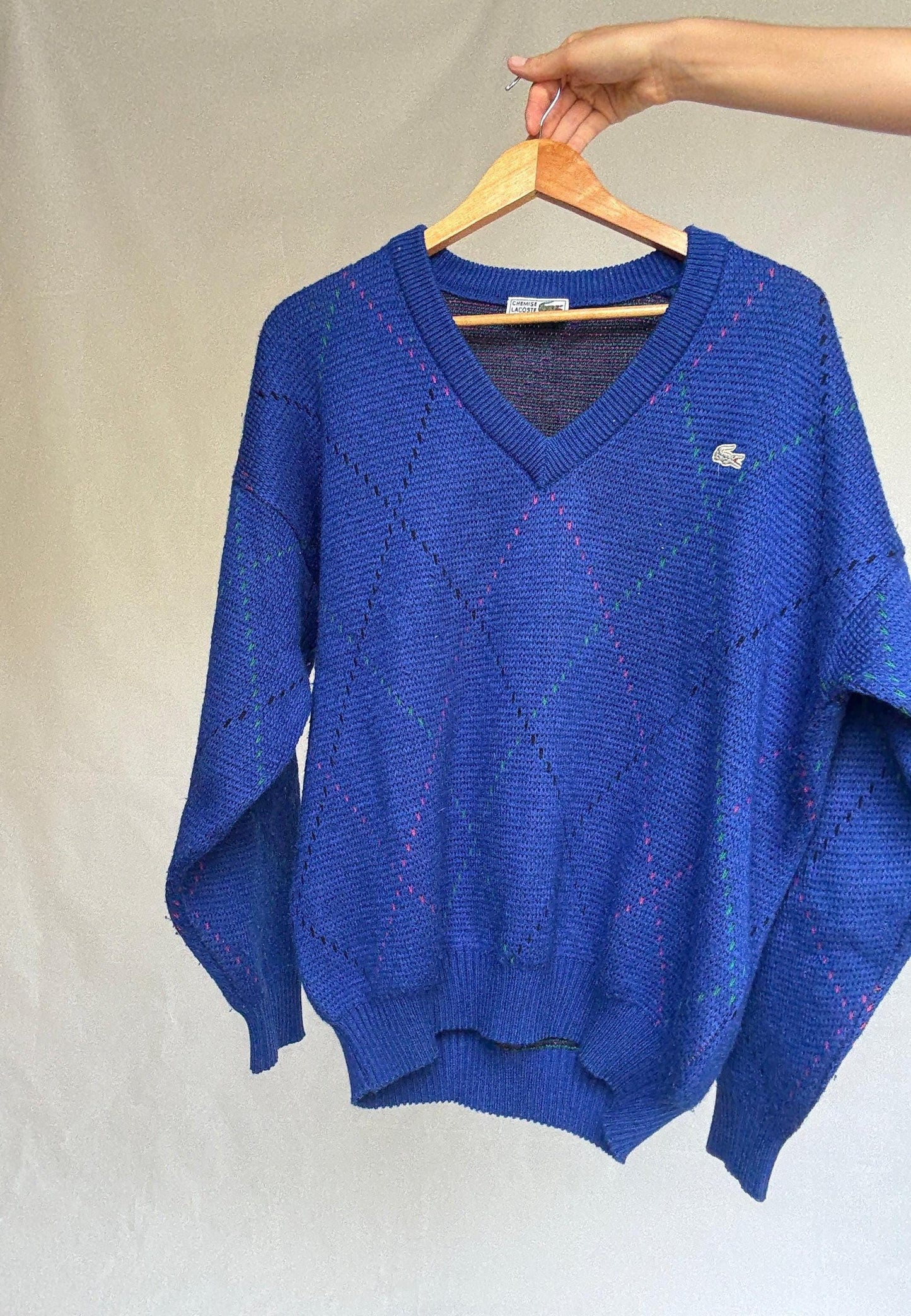 Vintage Lacoste navy V-neck sweater – wool blend pullover with logo – size 6 made in Spain