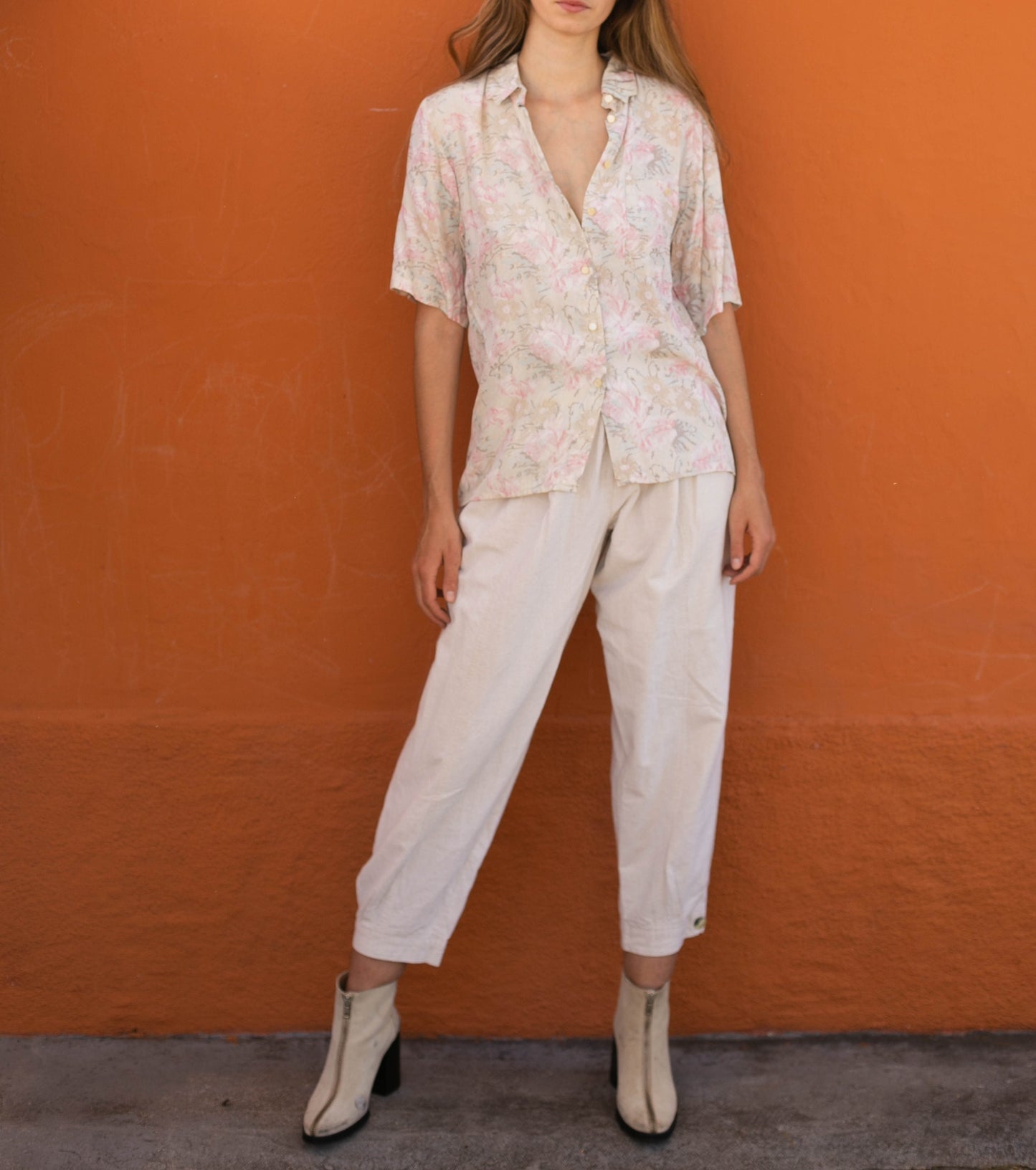 Vintage button up shirt, Oversized eggshell retro blouse, Viscose shirt art print pattern short sleeve button up women men unisex M