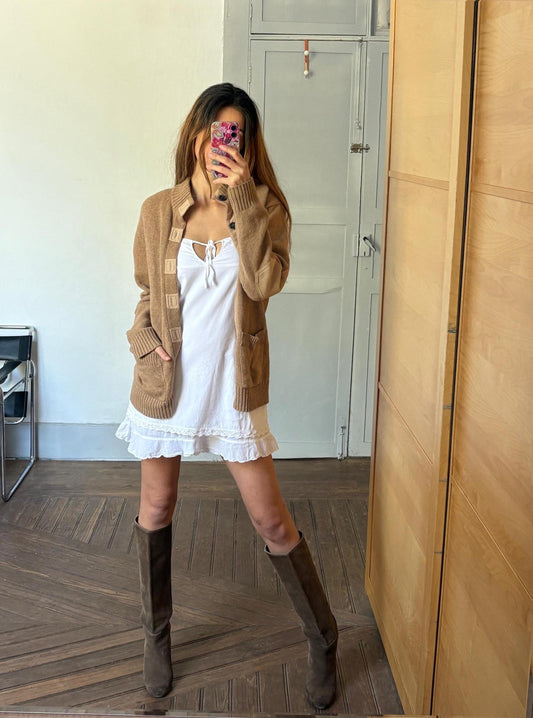 Vintage Tan Wool - CAMEL blend cardigan, Spanish Designer Pedro del Hierro winter sweater, Light brown dark academia clothing, M