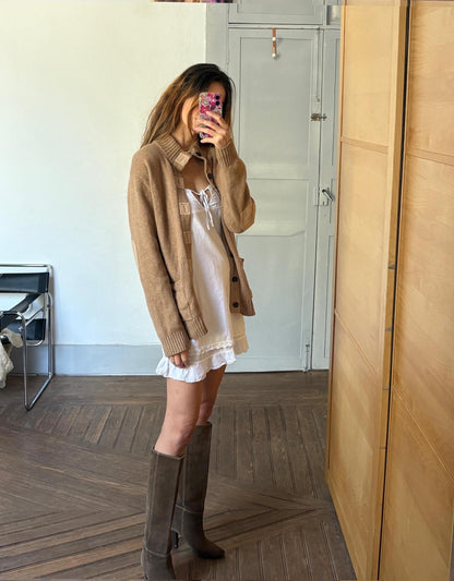 Vintage Tan Wool Blend Cardigan — fabric close-up