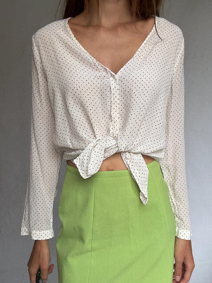 White Polka Dot Button-Up Blouse — detail