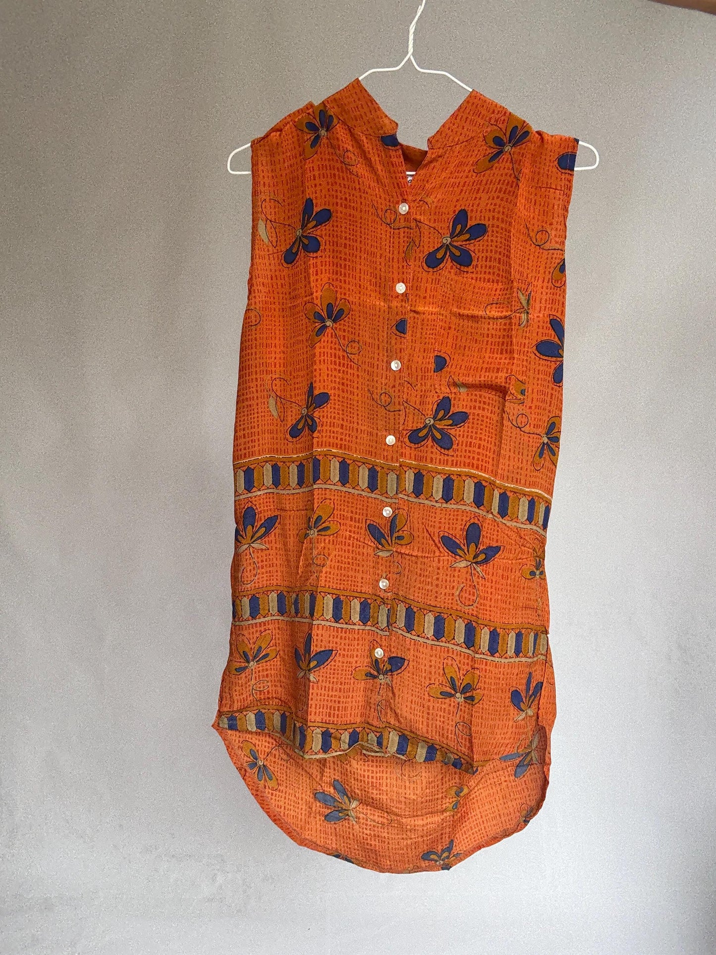 Vintage 100% Silk Dress in Bold Orange & Blue – Made in India – Size S/M