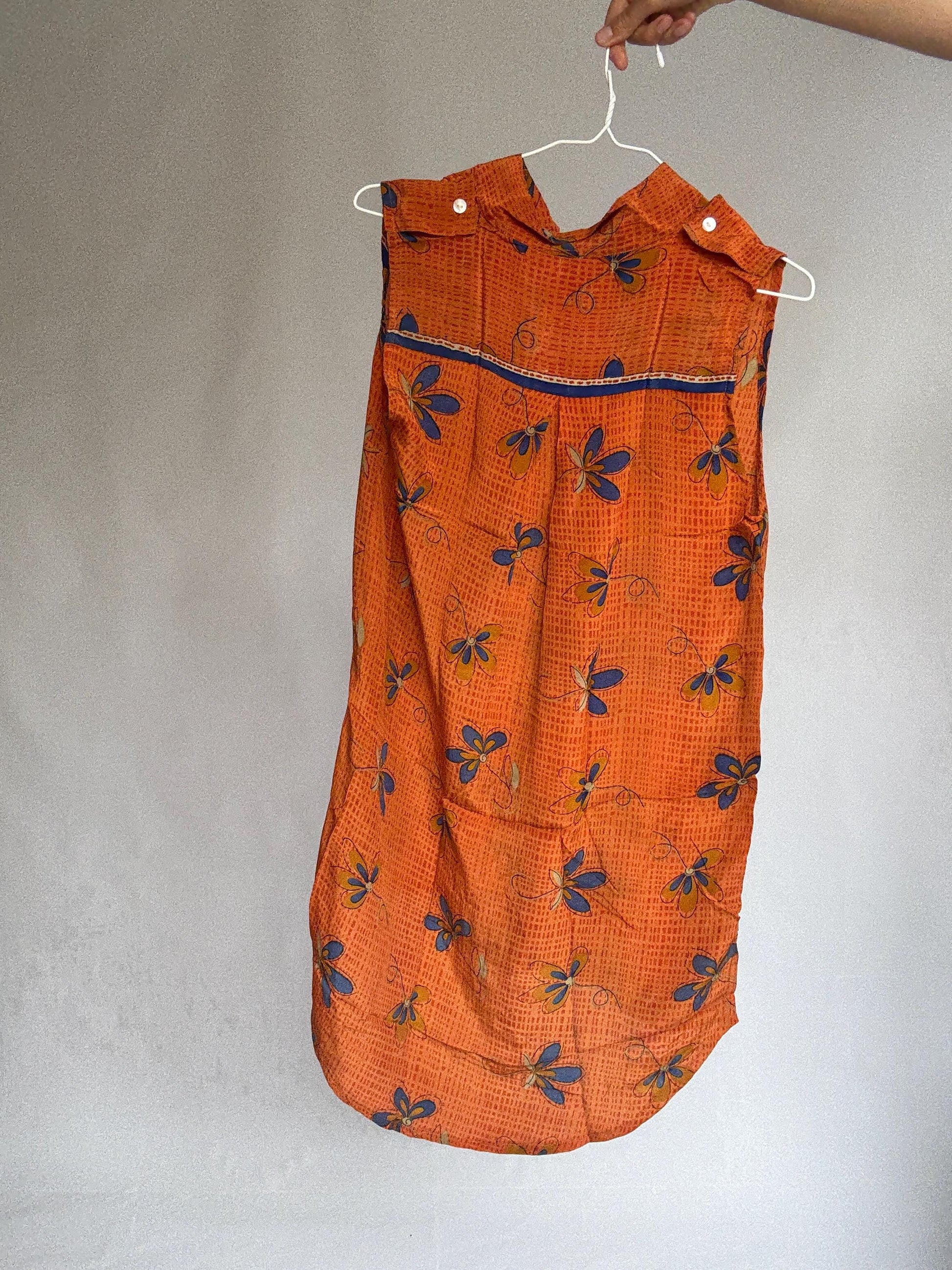 Vintage 100% Silk Dress in Bold Orange & Blue – Made in India – Size S/M