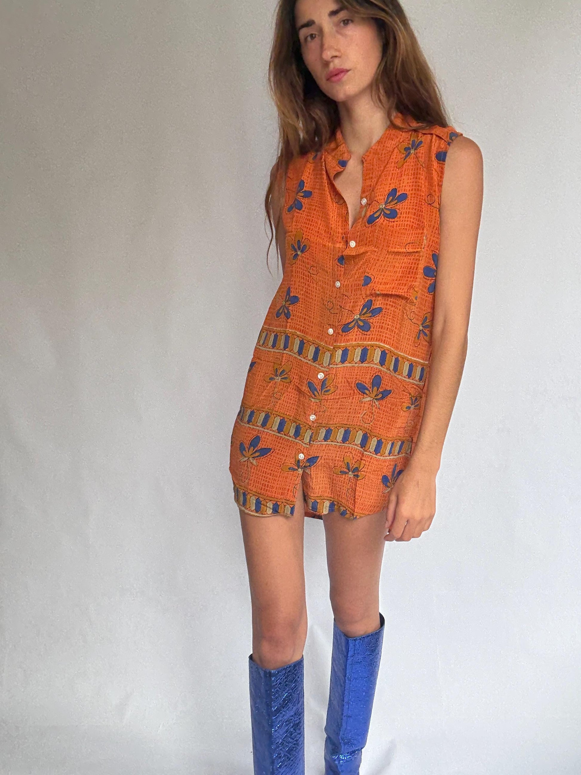 Vintage 100% Silk Dress in Bold Orange & Blue – Made in India – Size S/M