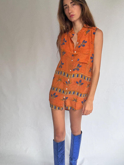 Bold Orange & Blue Vintage Silk Dress — additional view 7