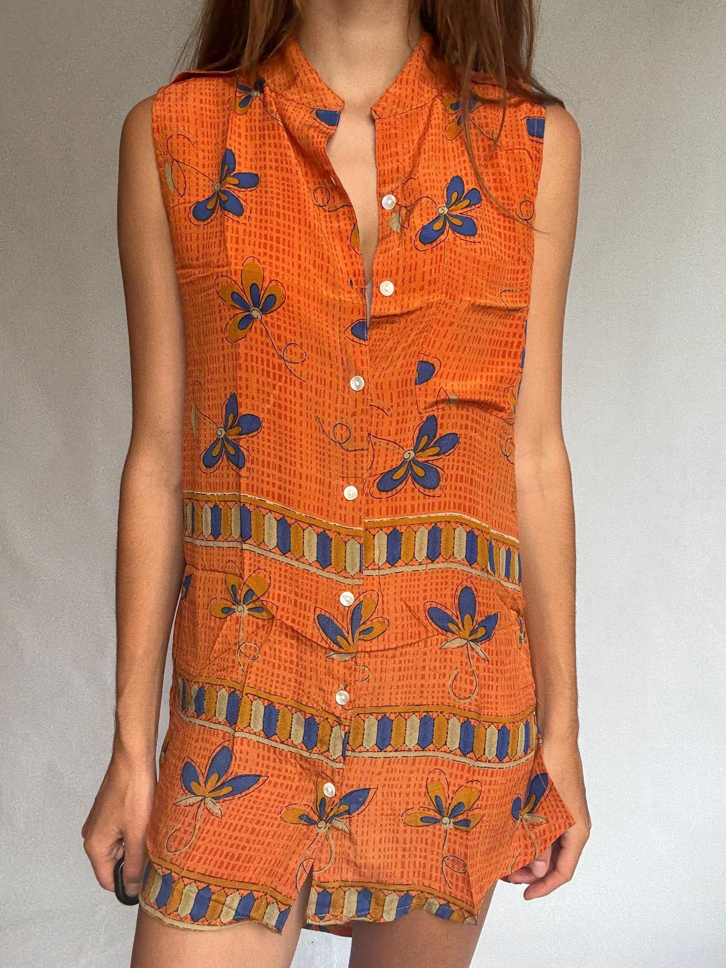 Vintage 100% Silk Dress in Bold Orange & Blue – Made in India – Size S/M