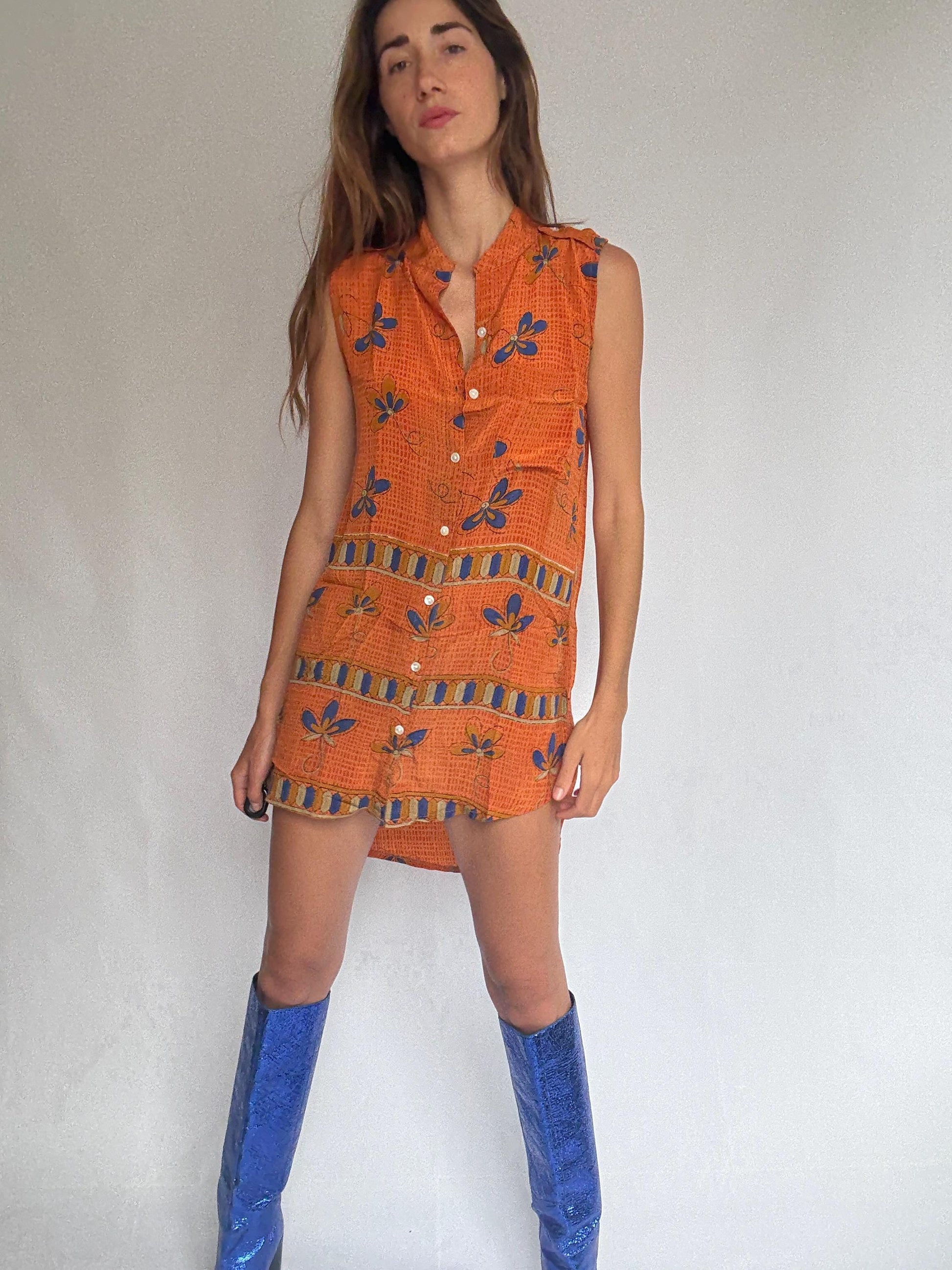 Vintage 100% Silk Dress in Bold Orange & Blue – Made in India – Size S/M