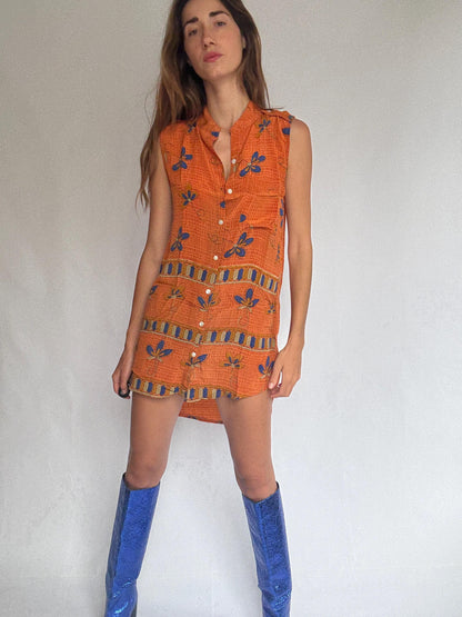 Bold Orange & Blue Vintage Silk Dress — fabric close-up