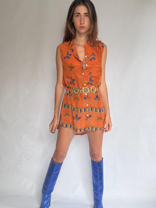 Vintage 100% Silk Dress in Bold Orange & Blue – Made in India – Size S/M