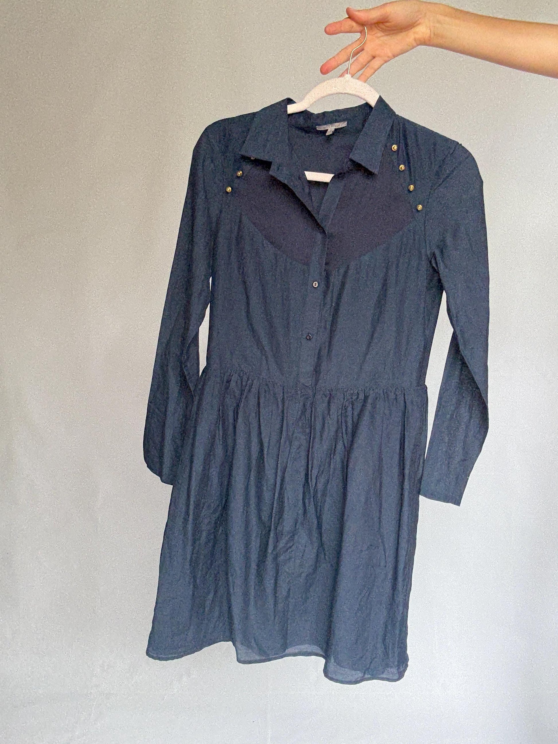 Luxury Uterqüe Navy Blue Mini Dress – Casual chic Silk Cotton Blend shirt dress, Preppy woman designer clothing – Size S