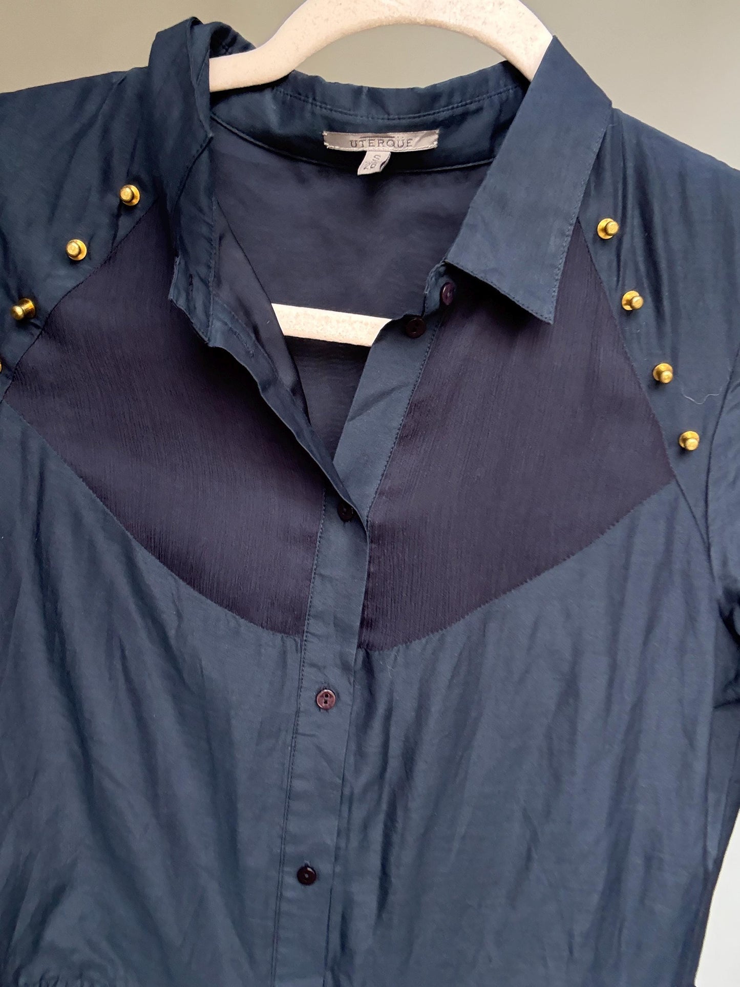 Luxury Uterqüe Navy Blue Mini Dress – Casual chic Silk Cotton Blend shirt dress, Preppy woman designer clothing – Size S