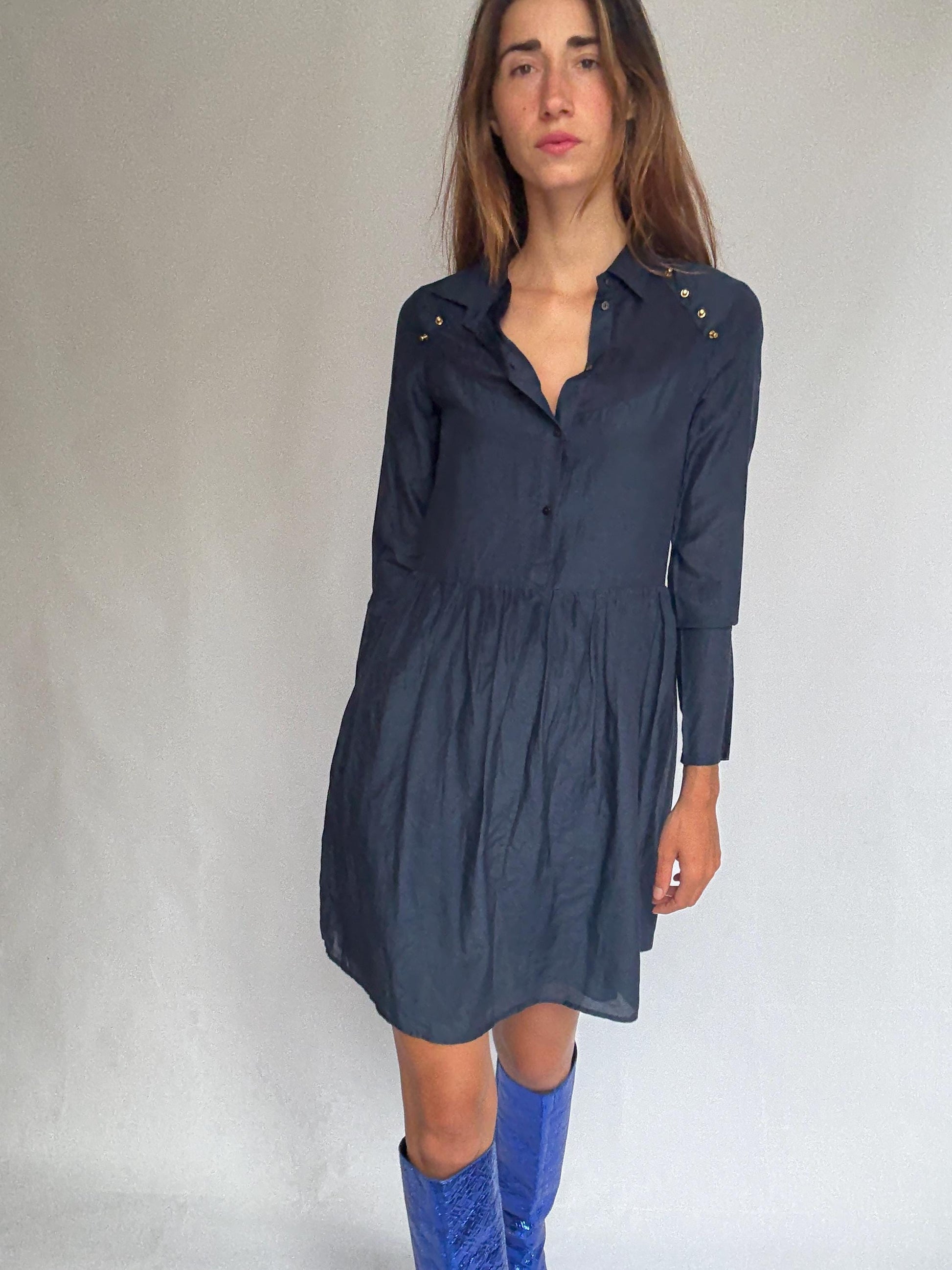 Luxury Uterqüe Navy Blue Mini Dress – Casual chic Silk Cotton Blend shirt dress, Preppy woman designer clothing – Size S