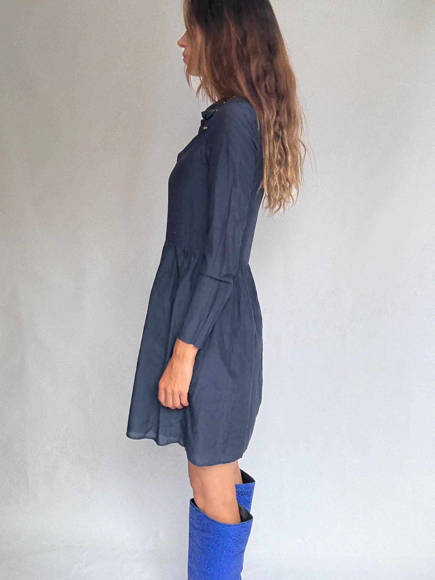 Luxury Uterqüe Navy Blue Mini Dress – Casual chic Silk Cotton Blend shirt dress, Preppy woman designer clothing – Size S