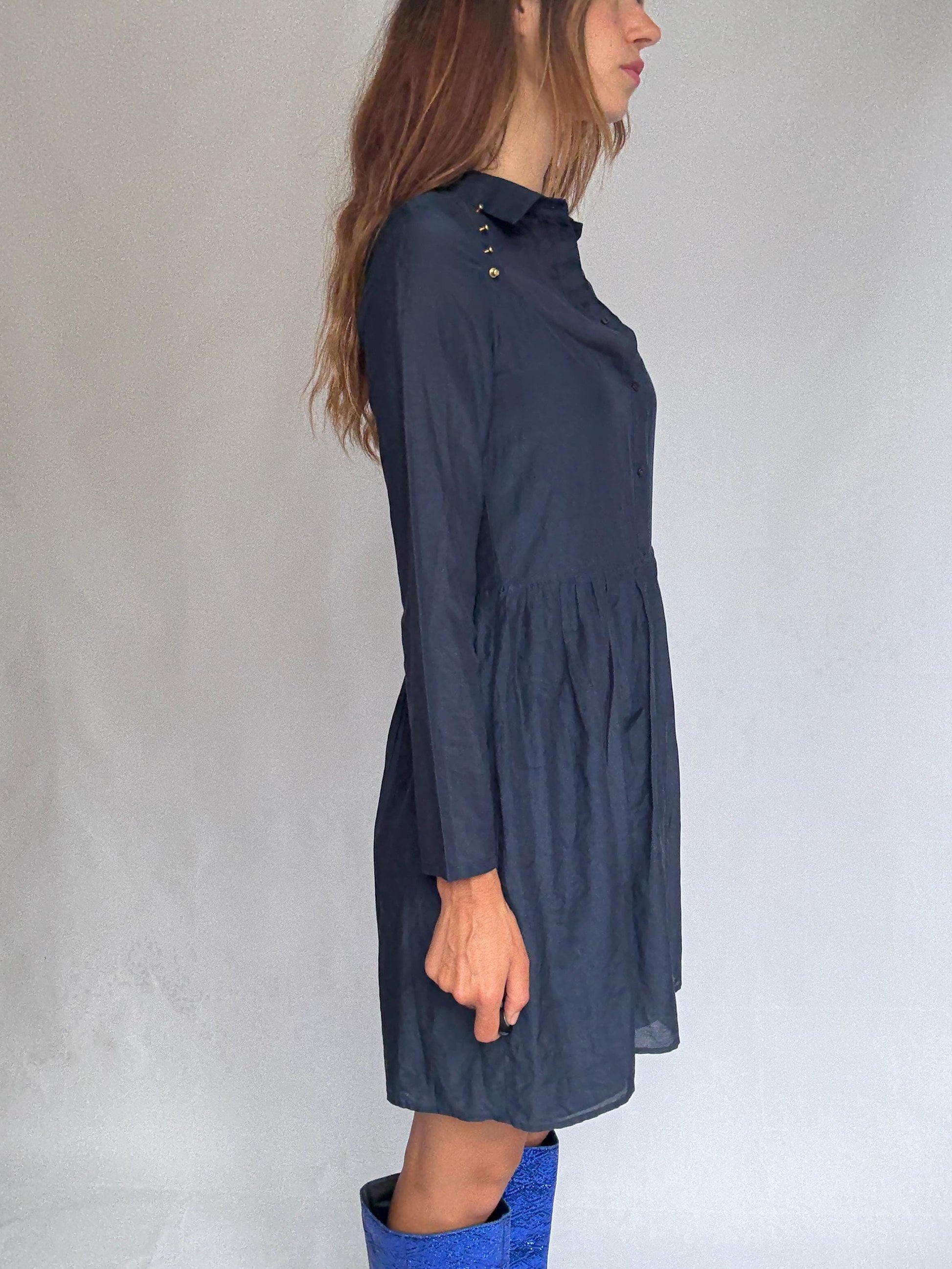 Luxury Uterqüe Navy Blue Mini Dress – Casual chic Silk Cotton Blend shirt dress, Preppy woman designer clothing – Size S