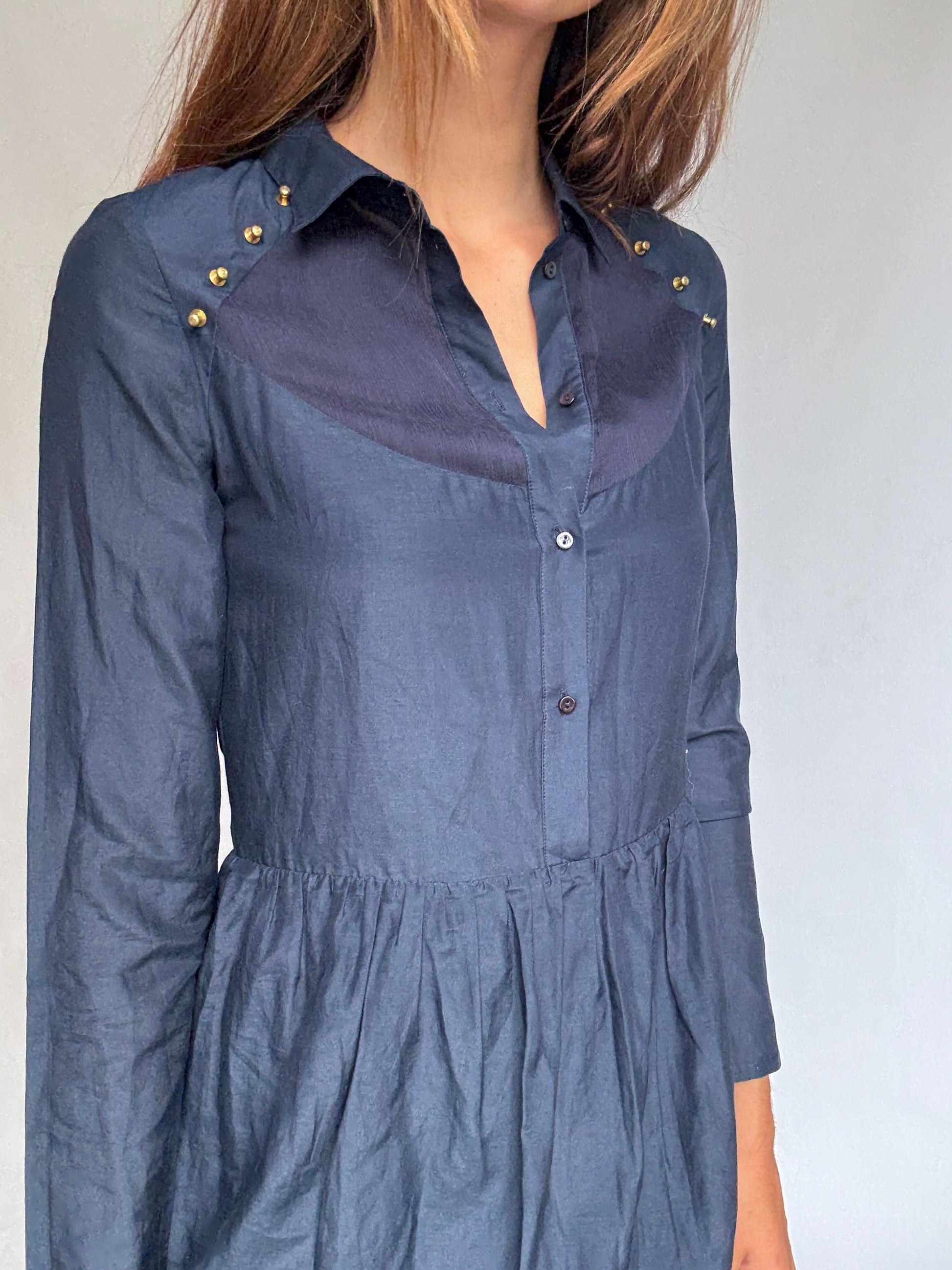 Luxury Uterqüe Navy Blue Mini Dress – Casual chic Silk Cotton Blend shirt dress, Preppy woman designer clothing – Size S