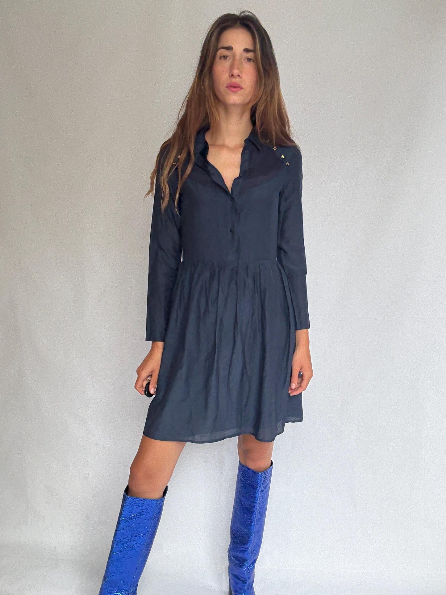 Luxury Uterqüe Navy Blue Mini Dress – Casual chic Silk Cotton Blend shirt dress, Preppy woman designer clothing – Size S